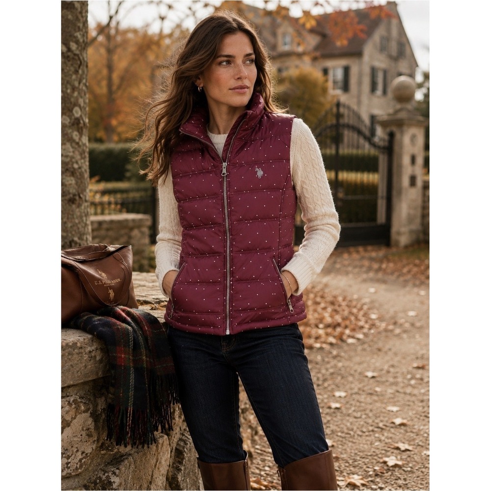 U.S. Polo Assn Burgundy Polka Dot Puffer Vest Womens Size M Preppy Equestrian